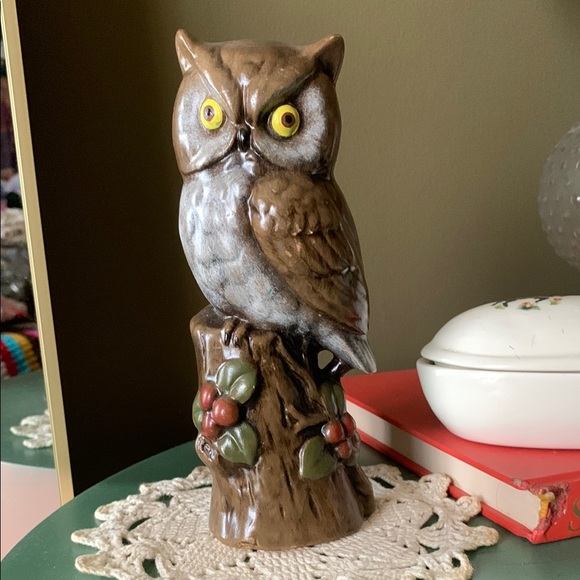 Vintage 1980 Hand Painted Owl on Stump Shelf Sitter Home Decor 7” - Picture 1 of 5